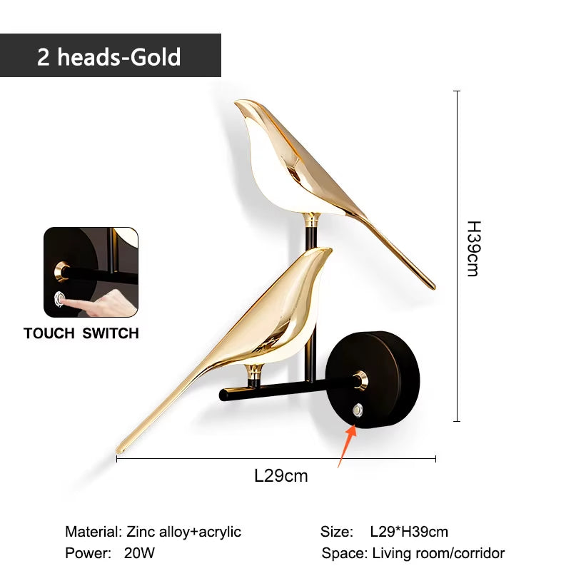 Aplica LED Decorativă cu Păsărele Magpie – Iluminare de Perete cu Comandă Tactilă, Rotire 360°, pentru Dormitor și Living