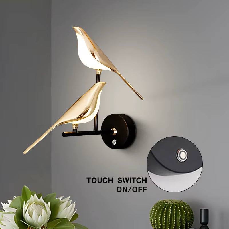 Aplica LED Decorativă cu Păsărele Magpie – Iluminare de Perete cu Comandă Tactilă, Rotire 360°, pentru Dormitor și Living
