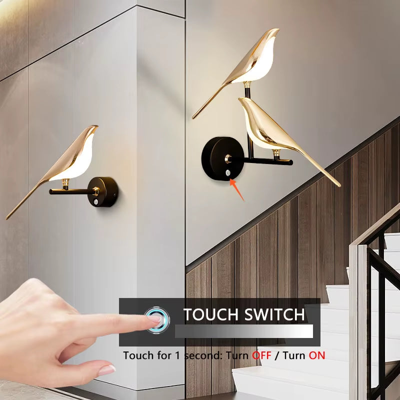Aplica LED Decorativă cu Păsărele Magpie – Iluminare de Perete cu Comandă Tactilă, Rotire 360°, pentru Dormitor și Living
