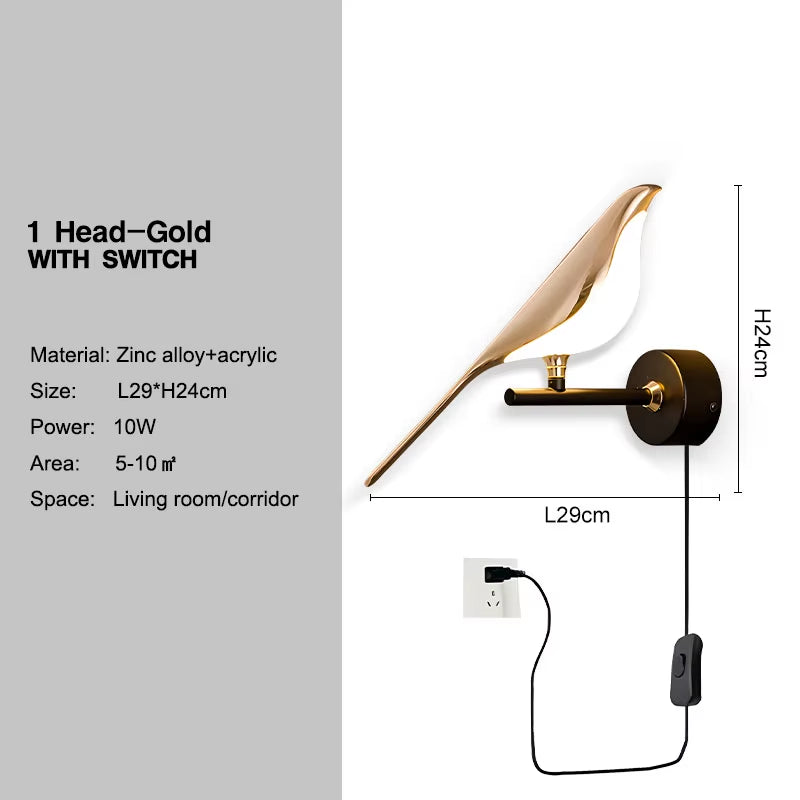 Aplica LED Decorativă cu Păsărele Magpie – Iluminare de Perete cu Comandă Tactilă, Rotire 360°, pentru Dormitor și Living