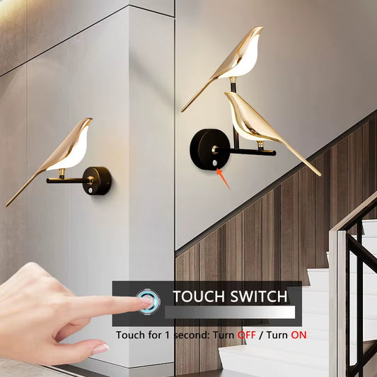 Aplica LED Decorativă cu Păsărele Magpie – Iluminare de Perete cu Comandă Tactilă, Rotire 360°, pentru Dormitor și Living