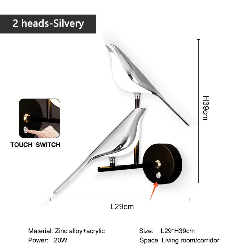 Aplica LED Decorativă cu Păsărele Magpie – Iluminare de Perete cu Comandă Tactilă, Rotire 360°, pentru Dormitor și Living